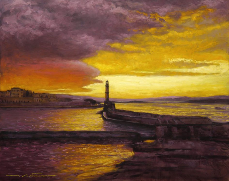 Alan-Flattmann "Sunset in Hania, Crete" 24"x30"-oil on canvas.-